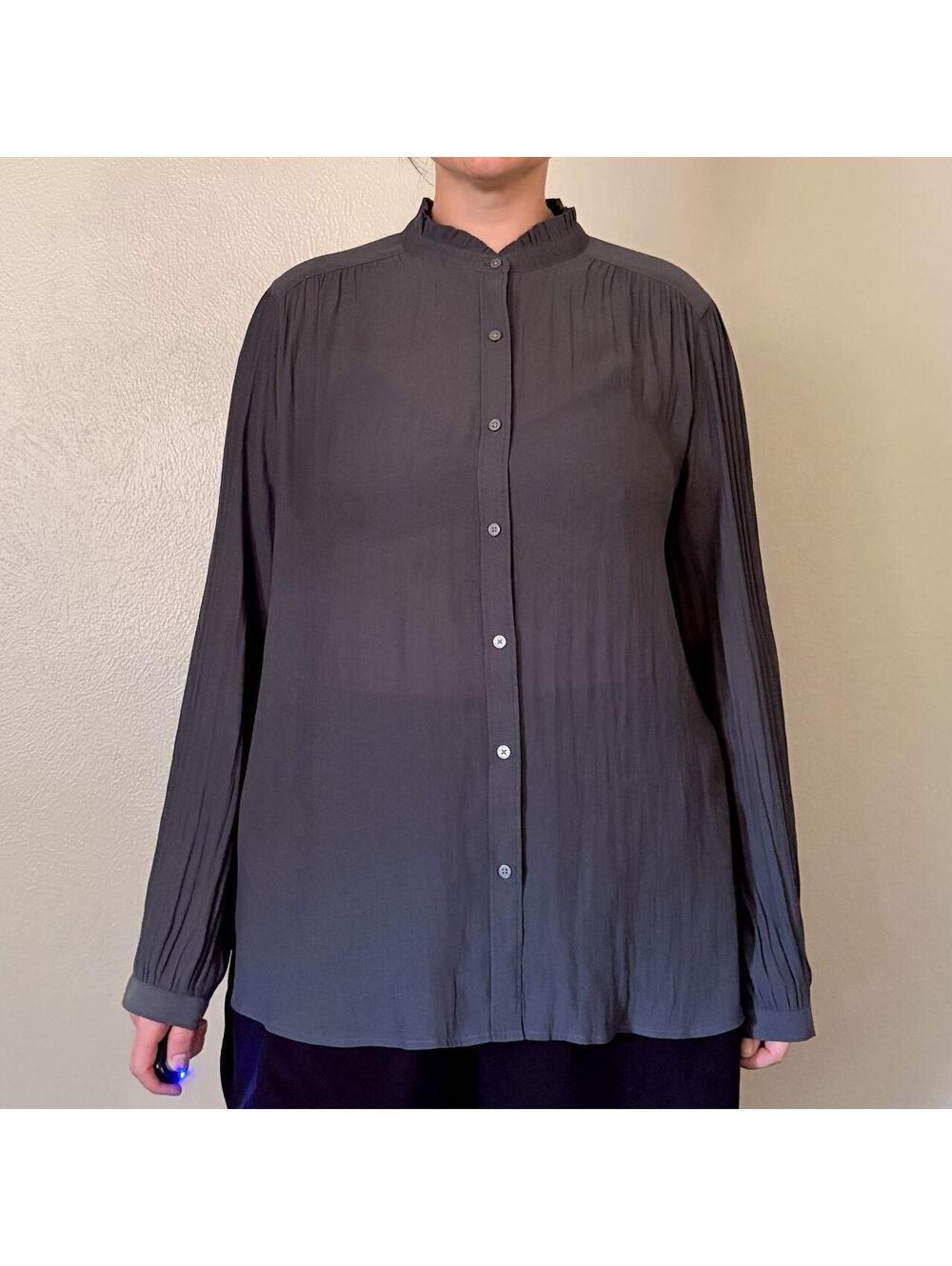 Sheer Long Sleeve Blouse Charcoal Grey Button Up Pleated Top Size XL